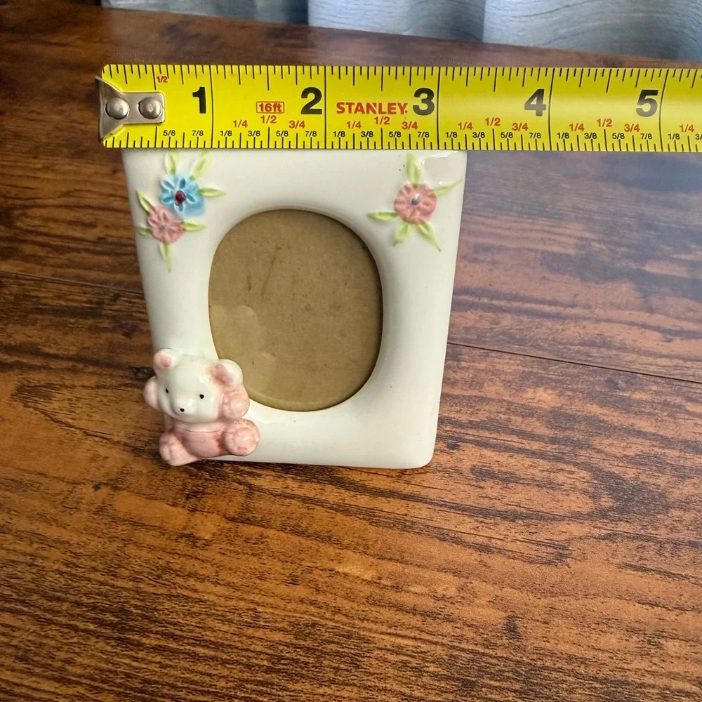 Vintage Ceramic Teddy Bear Floral‎ Picture Frame Pastel Nursery Decor 4x3.25